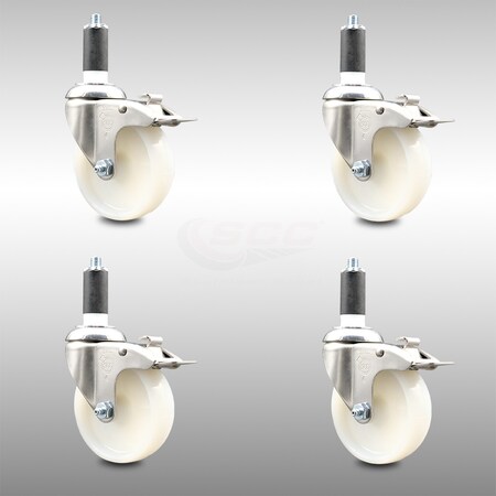 Service Caster 4 Inch 316SS Nylon Wheel Swivel 1-1/4 Inch Expanding Stem Caster Set Lock Brake SCC-SS316TTLEX20S414-NYS-114-4
